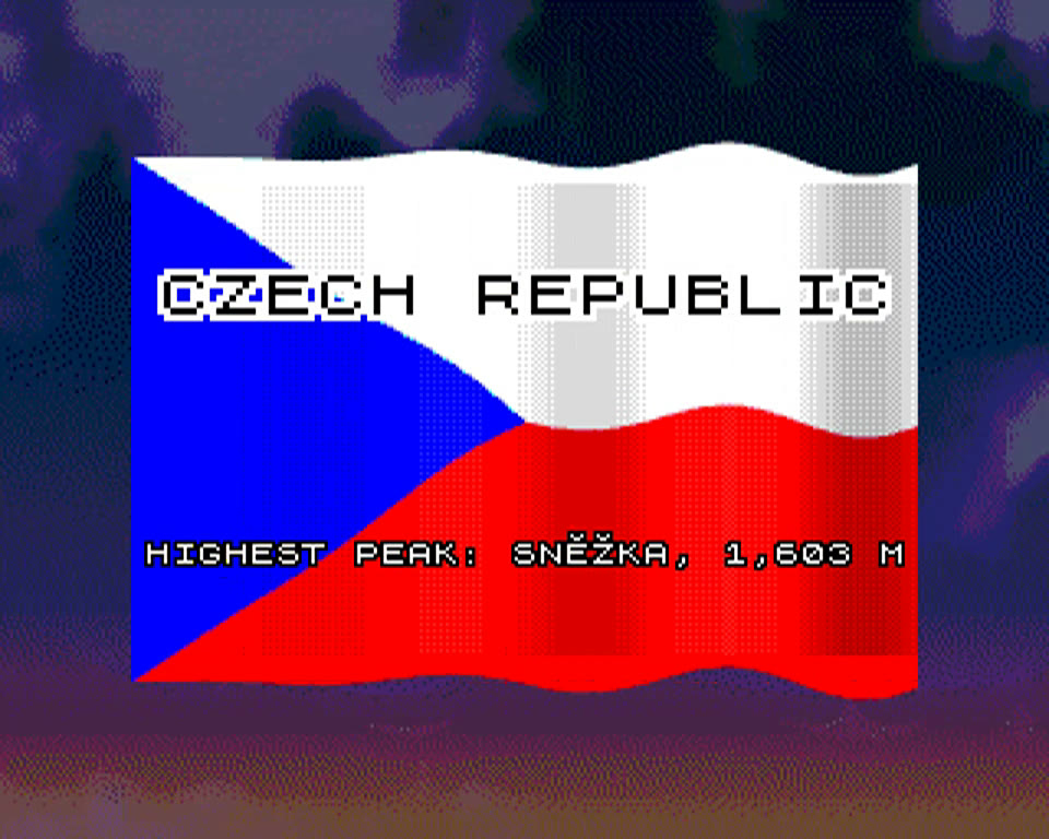 Czech Flag demo on ZX Spectrum Next: waving Czech flag with the title CZECH REPUBLIC and the fact HIGHEST PEAK: SNĚŽKA, 1,603 M over a dusk sky with clouds